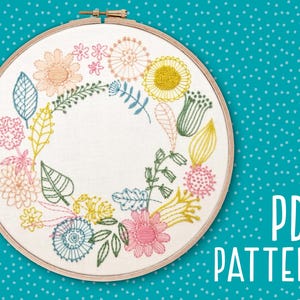 Spring Flowers Hand Embroidery Pattern, Wreath Craft Project, Mindfulness Hoop Art, DIY Embroidery, Floral Needlework PDF Pattern download