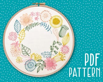 Spring Floral Wreath Hand Embroidery Pattern: DIY Needlework (PDF Pattern)
