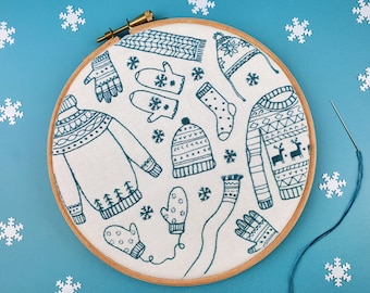 Winter Embroidery Pattern, Christmas Decoration, Needlework, DIY Gift For Christmas, Winter Woollies Embroidery Kit, Modern Hoop Art