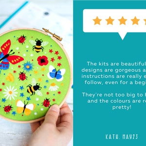 An image shows an embroidery hoop with a design of butterflies, bees, and flowers on a green background. A five star review says the kits are beautiful, the designs are gorgeous and the instructions are really easy to follow, even for a beginner.