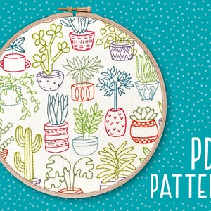 Houseplants Hand Embroidery Pattern, Plant Craft Project, Mindfulness Art, DIY Embroidery Pattern, Needlework PDF Pattern Instant Download