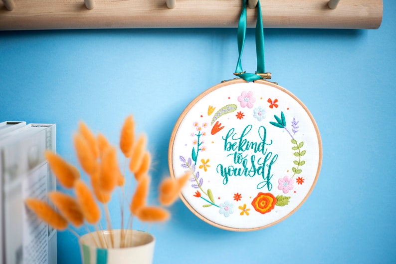 Be Kind To Yourself Embroidery Kit, Self Care Kit, Spring Needle Craft Kit, Floral Hoop Art, Floral Hand Embroidery Project, Hand Sewing Kit image 2