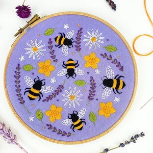 Bees Embroidery Kit, Lavender Needle Craft Kit, Wildflower Hoop Art, Floral Embroidery Kit, Bees Hand Embroidery Kit Project