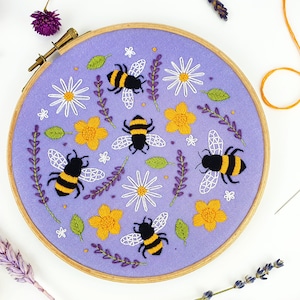 Bees & Lavender Hand Embroidery Kit, Floral Hoop Art