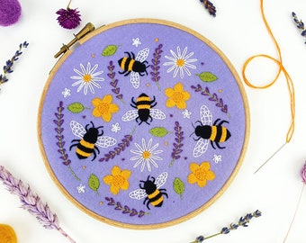 Bumble Bee Embroidery Kit for Beginners. Lavender Floral Design. Modern Needlecraft Gift