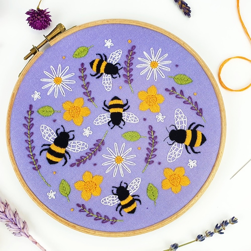 Bees & Lavender Hand Embroidery Kit, Floral Hoop Art