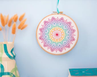 Rainbow Mandala Embroidery Pattern: Printed Cotton Fabric