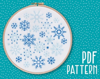 May include: A white embroidery hoop with a blue and white snowflake design. The hoop is on a turquoise background with white polka dots. The text "PDF PATTERN" is in white letters on the right side of the image.