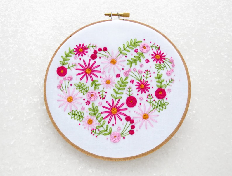 Flower heart embroidery pattern pink roses hoop art kit love  etsy