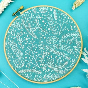 Winter Floral Embroidery Kit, Teal Foliage, Beginners Hoop Art