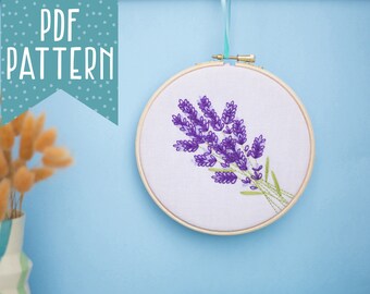 Lavender Hand Embroidery Pattern, Flower Craft Project, Mindfulness Hoop Art, DIY Embroidery Needlework Pattern, PDF Instant Download