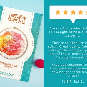 May include: A five-star review for a pre-printed embroidery fabric pack featuring a watercolor rose design. The review states "They're an absolute joy to stitch. Great quality fabric and enough there to give you the gist of the stitches but loads of scope for creativity. Fabulous customer service too, quick and pleasant! I've now bought three more to stitch!!" - TRICIA. MAR 23