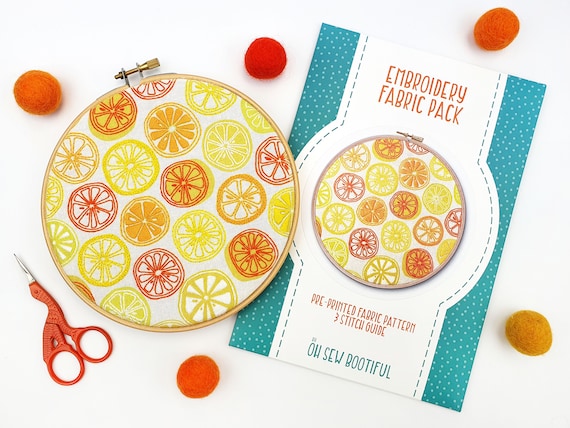 Citrus Embroidery Pattern, Oranges and Lemons Printed Fabric