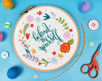Be Kind To Yourself Embroidery Kit, Self Care Kit, Spring Needle Craft Kit, Floral Hoop Art, Floral Hand Embroidery Project, Hand Sewing Kit