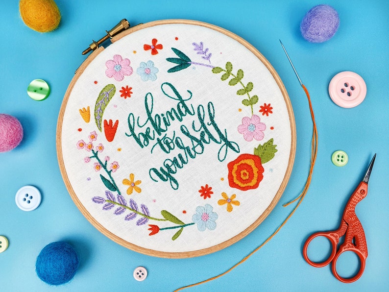 Be Kind To Yourself Embroidery Kit, Self Care Kit, Spring Needle Craft Kit, Floral Hoop Art, Floral Hand Embroidery Project, Hand Sewing Kit image 3