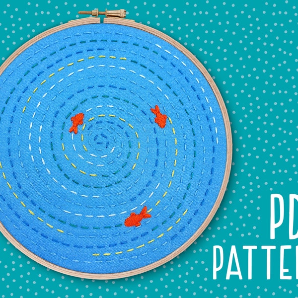 Relaxing Hand Embroidery Pattern, Mindfulness Craft Project, Fish Pond Hoop Art, DIY Embroidery Pattern, Anti-stress Needlework PDF Pattern.