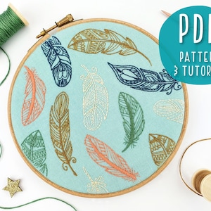Boho Feathers Embroidery Pattern, Feather Craft Project, Mindfulness Hoop Art, Modern DIY Embroidery, Floral Needlework PDF Pattern download