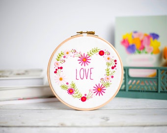 Love Embroidery Kit, Valentines Embroidery Kit, Love Heart Hoop Art Kit, Floral Needlework Kit , DIY Gift For Her, Modern Embroidery Kit