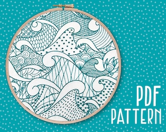 Stormy Seas Embroidery Pattern: Beginner Needlework, Ocean Waves (PDF Pattern)