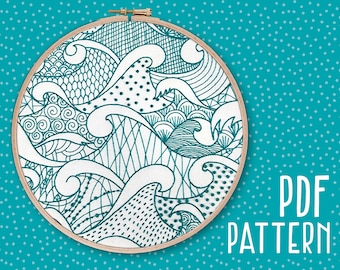 Stormy Seas Hand Embroidery Pattern, Ocean Craft Project, Mindfulness Hoop Art, DIY Embroidery Pattern, Needlework PDF Pattern download