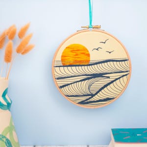 Sunset at Sea Embroidery Kit: Pre-Printed Ocean Needlecraft