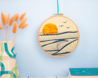 Sunset at Sea Embroidery Kit: Pre-Printed Ocean Needlecraft