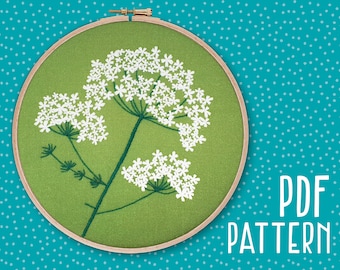 Wildflowers Hand Embroidery Pattern, Flower Craft Project, Queen Annes Lace Hoop Art, Floral DIY Embroidery Pattern, PDF Instant Download