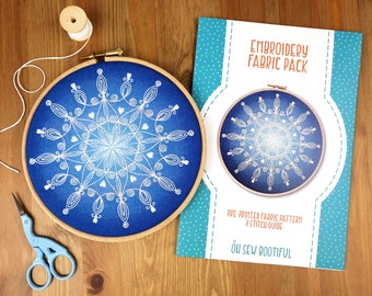 Snowflake Mandala Embroidery Pattern, Printed Fabric, Winter Craft (Fabric Pack)