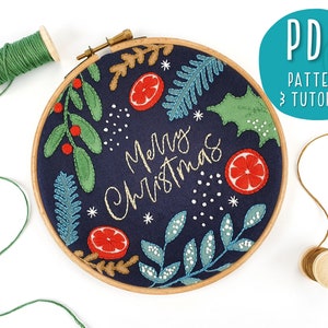 Christmas Hand Embroidery Pattern, Mindfulness Craft Project, Xmas Beginner Hoop Art, Merry Christmas Embroidery Pattern, DIY PDF Pattern.