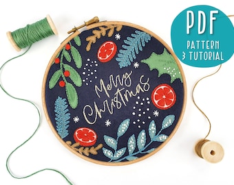 Weihnachten Hand Stickmuster, Mindfulness Craft Project, Weihnachten Anfänger Hoop Art, Frohe Weihnachten Stickmuster, DIY PDF Muster.