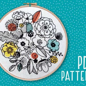 Easy Floral Hand Embroidery Pattern, Flowers Craft Project, Mindfulness Hoop Art, DIY Embroidery, Floral Needlework PDF Pattern download