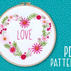 Love Heart Hoop Art Pattern, Flower Hand Embroidery Download, Modern Needlework Tutorial PDF, Pretty Pink Embroidery, DIY Wedding Decor