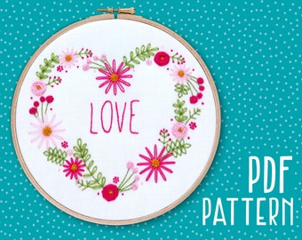 Love Heart Hoop Art Pattern, Flower Hand Embroidery Download, Modern Needlework Tutorial PDF, Pretty Pink Embroidery, DIY Wedding Decor