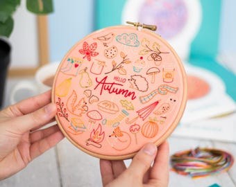 Hello Autumn Embroidery Kit: Beginner Needlecraft with Hoop
