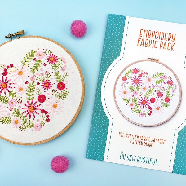 Floral Heart Embroidery Pattern, Pink Roses Printed Fabric