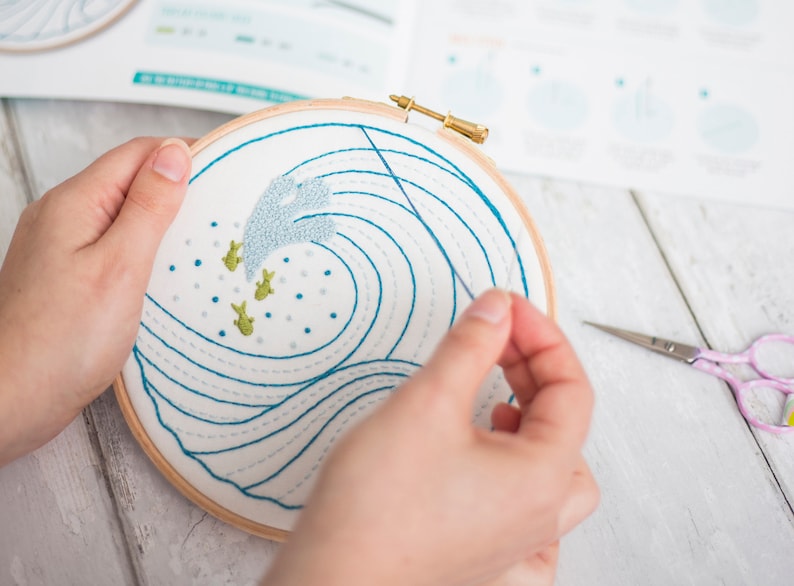 Modern Embroidery Kit, Ocean Waves DIY Hoop Art, Modern Needlework Kit, Embroidery Tutorial, DIY Gift for Her, Beginners Embroidery Kit image 2