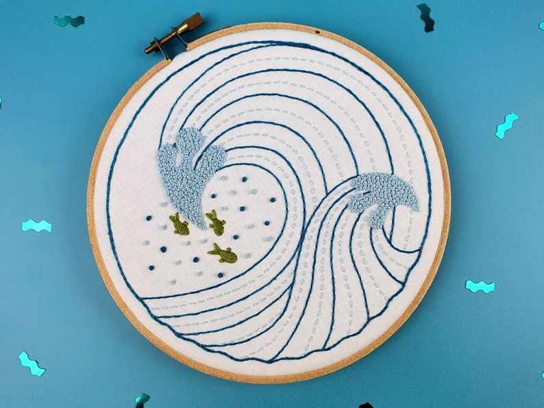 Modern Embroidery Kit, Ocean Waves DIY Hoop Art, Modern Needlework Kit, Embroidery Tutorial, DIY Gift for Her, Beginners Embroidery Kit image 4