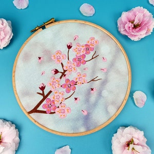 Cherry Blossom Embroidery Kit, DIY Floral Needlework, Modern Hoop Art