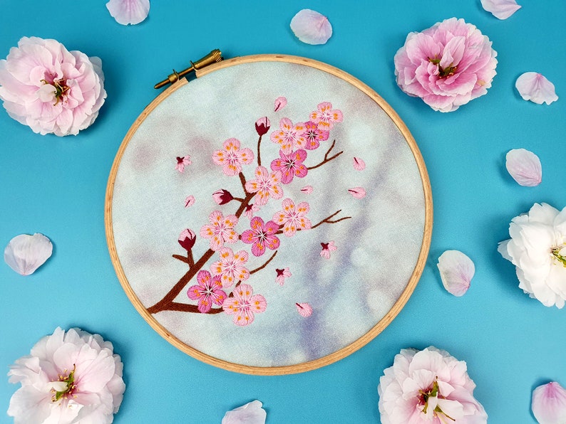 Blossom Embroidery Kit, Cherry Blossom Embroidery Kit, DIY Floral Hoop Art Kit, Modern Stamped Embroidery, Flower Needlework, DIY Gift Ideas image 1