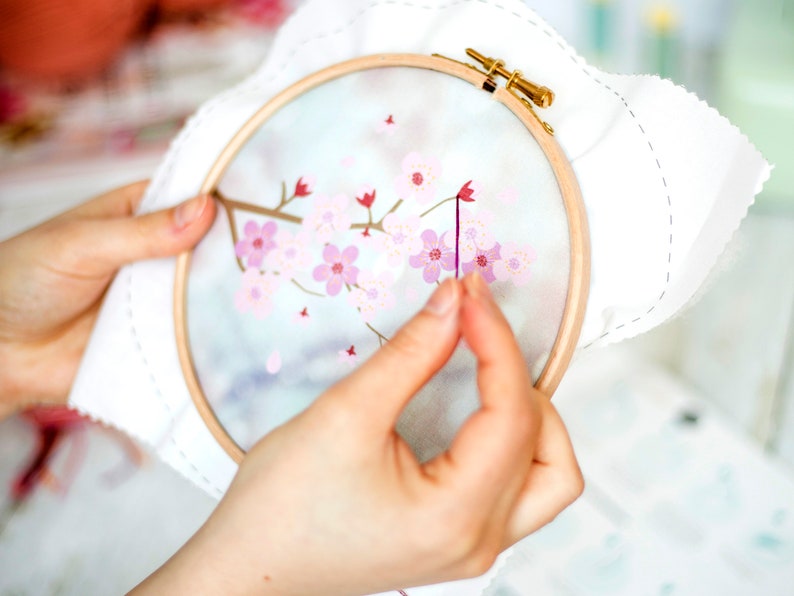 Blossom Embroidery Kit, Cherry Blossom Embroidery Kit, DIY Floral Hoop Art Kit, Modern Stamped Embroidery, Flower Needlework, DIY Gift Ideas image 3