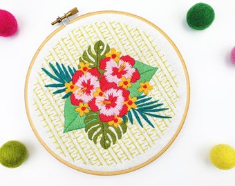 Modern Embroidery Kit, Hibiscus Needlework Kit, Tropical Flowers Hoop Art Kit, Summer Needle Craft Kit, Floral Hand Embroidery Project