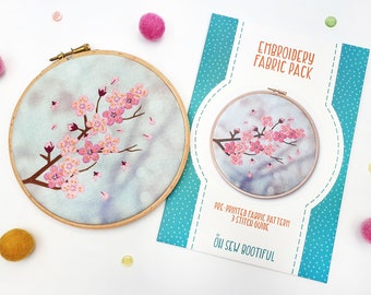 Cherry Blossom Embroidery Pattern, Printed Fabric