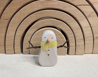 Maple-Baby Snowman Wood Carving, Handmade Figurine, Yellow Scarf