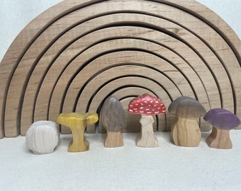 Maple-Little Rustic Mushroom Set of 6, Handmade Wood Carvings
