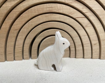 Maple-Snowshoe Hare Figurine, Sitting White Rabbit, Handmade Wood Carving