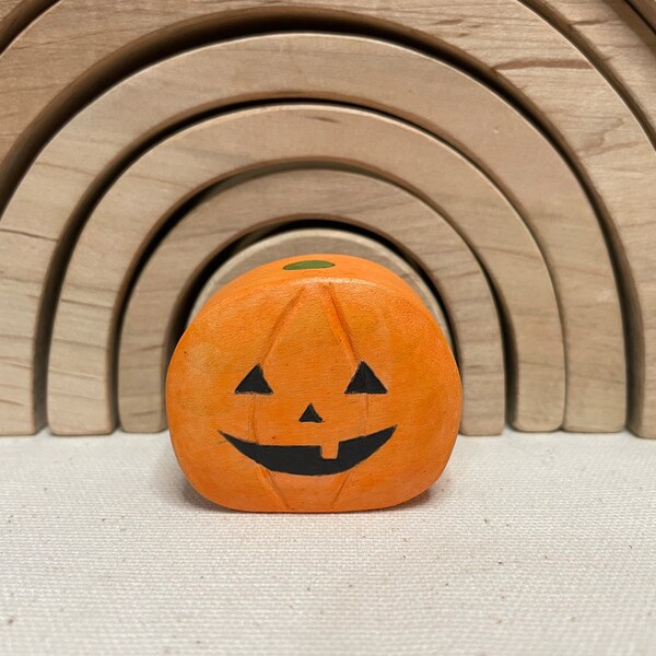 Wooden Rustic Stumpy Jack-O-Lantern Figurine, Handmade Miniature, Halloween