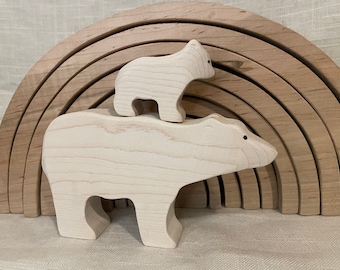 Maple Wood Polar Bear Figurines, Mom and Baby, Handmade