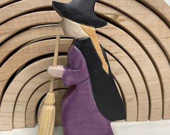 Maple-Witch And Broom Figurine, Purple Dress, Handmade Wood Carving