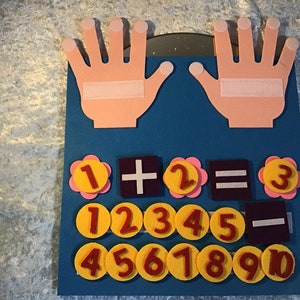 May include: A blue felt board with two pink felt hands, a felt calculator with yellow circles and red numbers, and the equation 1 + 2 = 3.