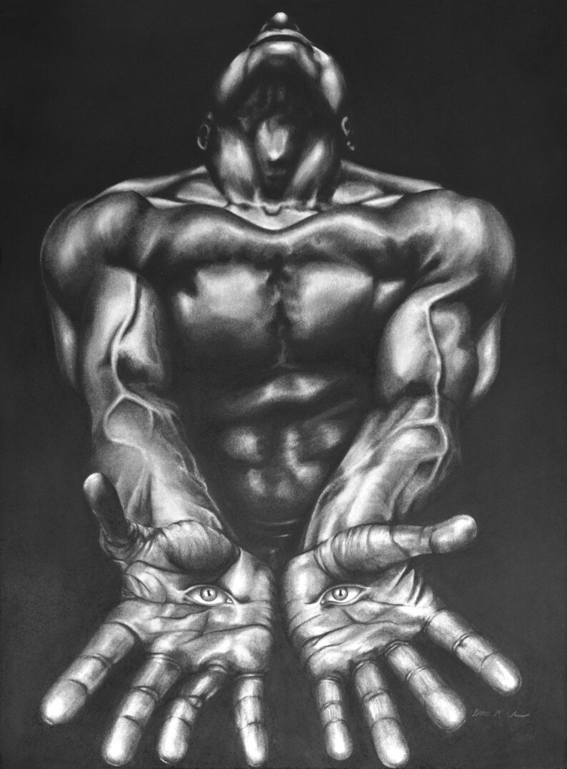 May include: A grayscale drawing of a muscular figure looking upward, with arms extended and palms facing forward. Eyes are drawn on the palms. The artwork is detailed with shading, creating a dramatic effect against a dark background.